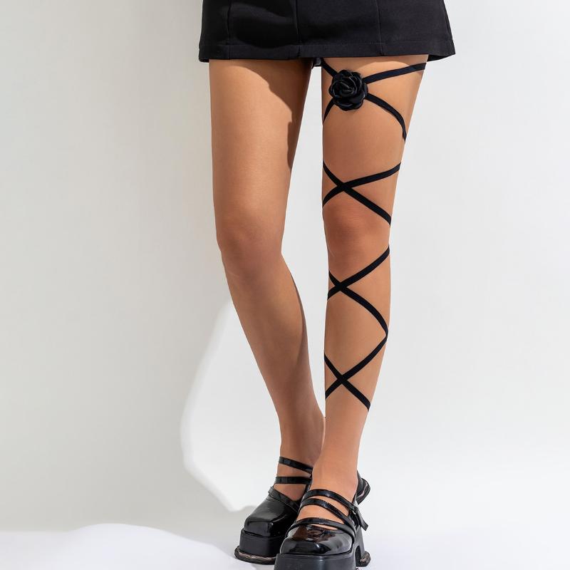 Lolita Cross Bandage Stehenní řetízek Harajuku Sexy Black Flower Butterfly Nohy Náramek Elastické Y2K tělové šperky Příslušenství