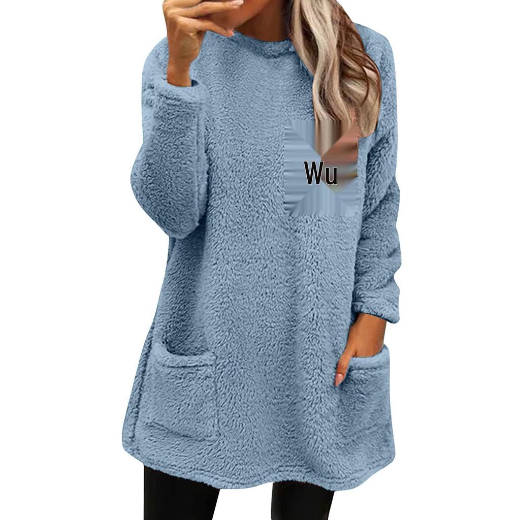 Women's Cartoon Print Round Neck Plush Hoodie with Pockets - Autumn/Winter Collection