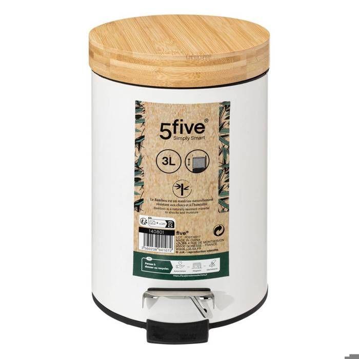 5five - poubelle à couvercle bambou 3l "naturéo" blanc