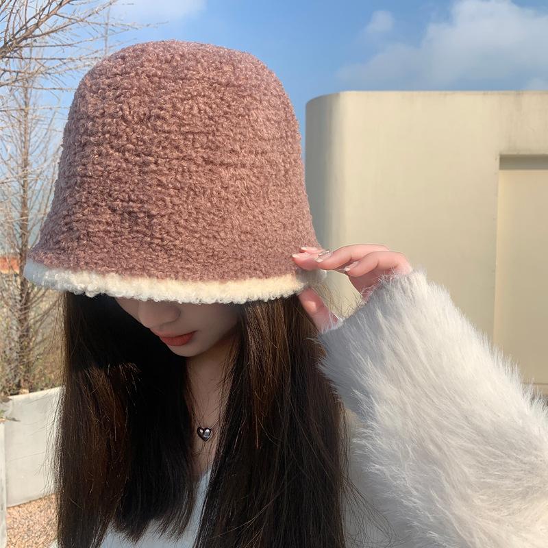 Autumn and Winter Hat Women's Imitation Lamb Plush Color Matching Bucket Hat Winter Warm Bucket Hat Fashion Basin Hat