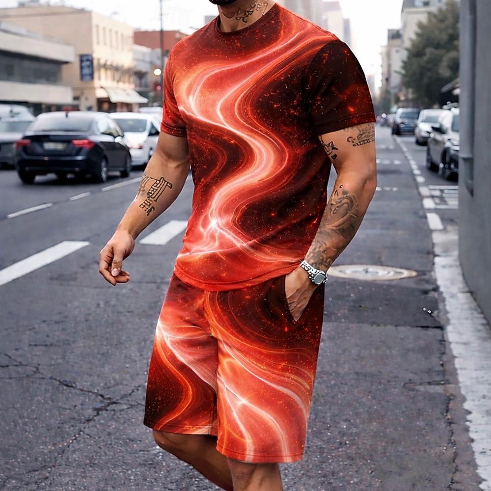 Men's Geometrical Tees sets Summer Tops Short Sleeve Short Pants Crew Neck Casual Daily Vacation Going out Summer