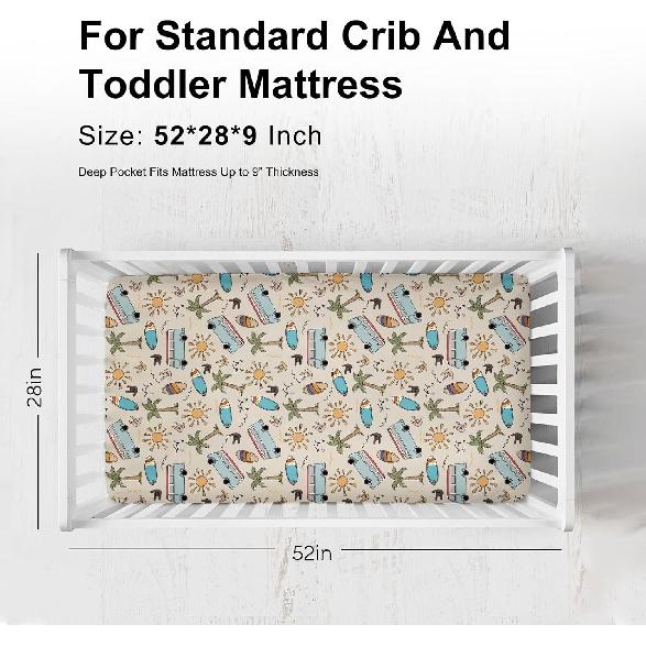 Vintage Surf Fitted Baby Crib Sheets Boy Girl 52"x28" Retro Surfboard Sun Palm Trees Bus Soft Crib Mattress Covers Hawaiian Tropical Beach Surfing