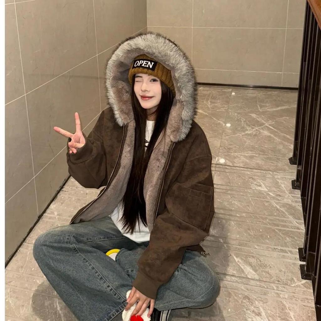Fleece thickened cotton jacket men's and women's winter warm hooded jacket cleanfit short large fur collar cotton-padded coat