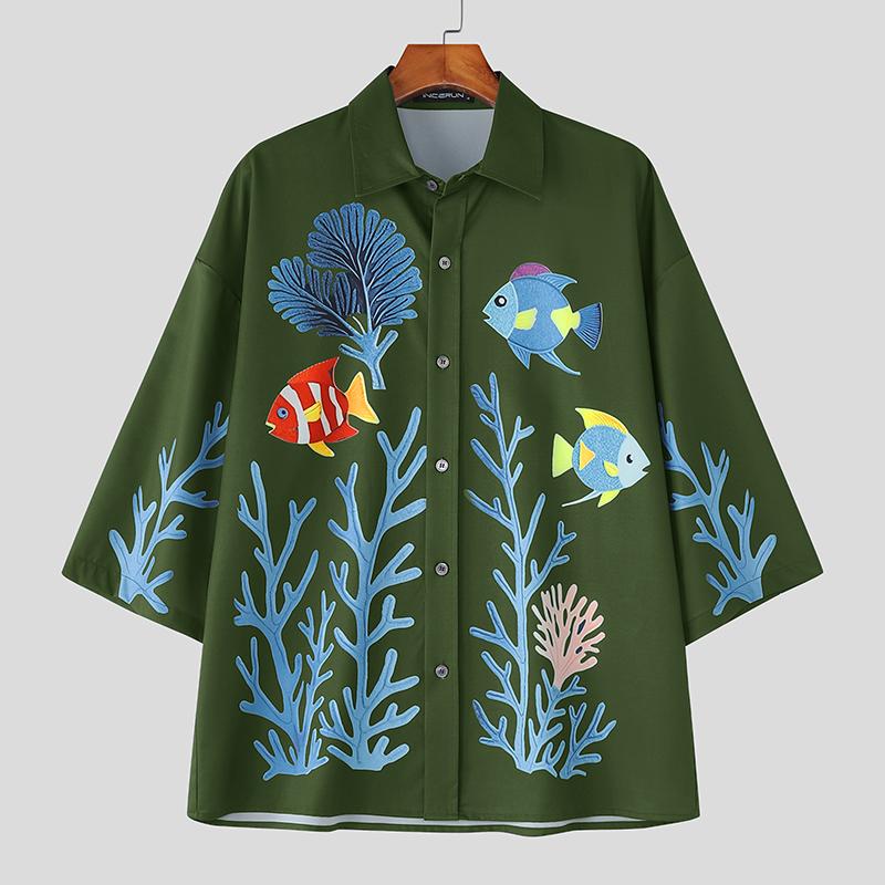 INCERUN Men Lapel Half Sleeve Floral Print Casual Loose Oversized Shirts