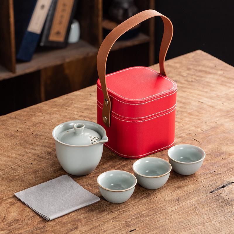 Celadon Ge Kiln Opening Film Can Raise Outdoor Portable Travel Tea Set, One Pot and Three Cups of Kuaike Tea Cup Gifts