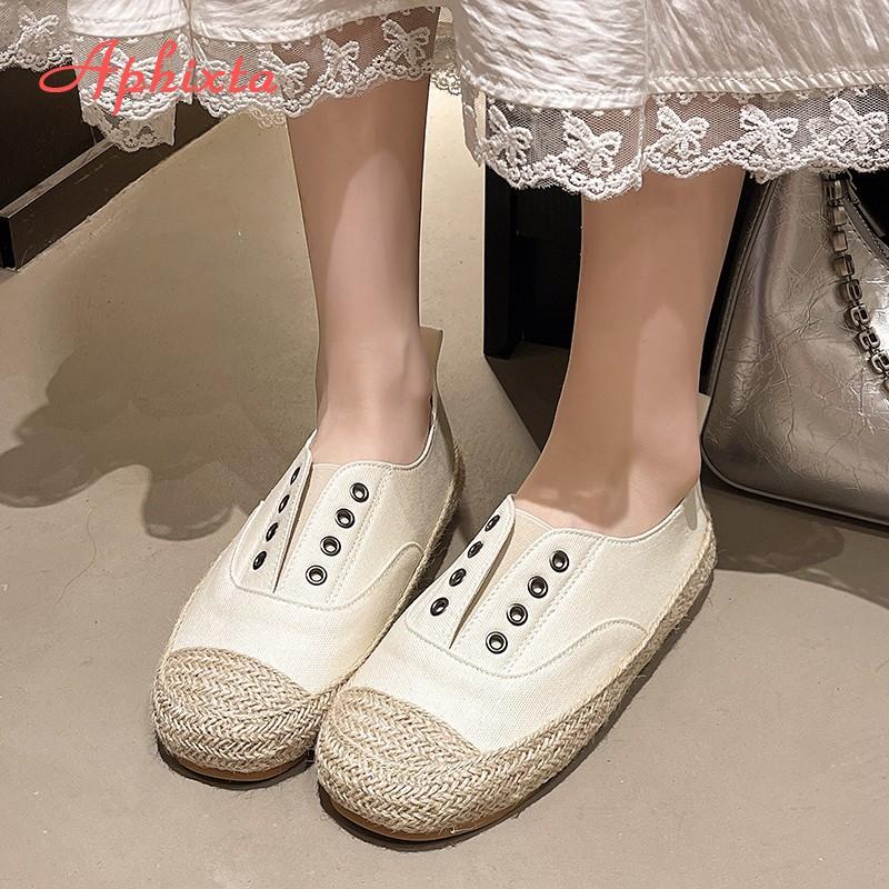 Aphixta Beige Espadrilles Splicing Flat With Shoes Metal Button Shallow Women Loafers Elastic Band Woman Casual Shoes