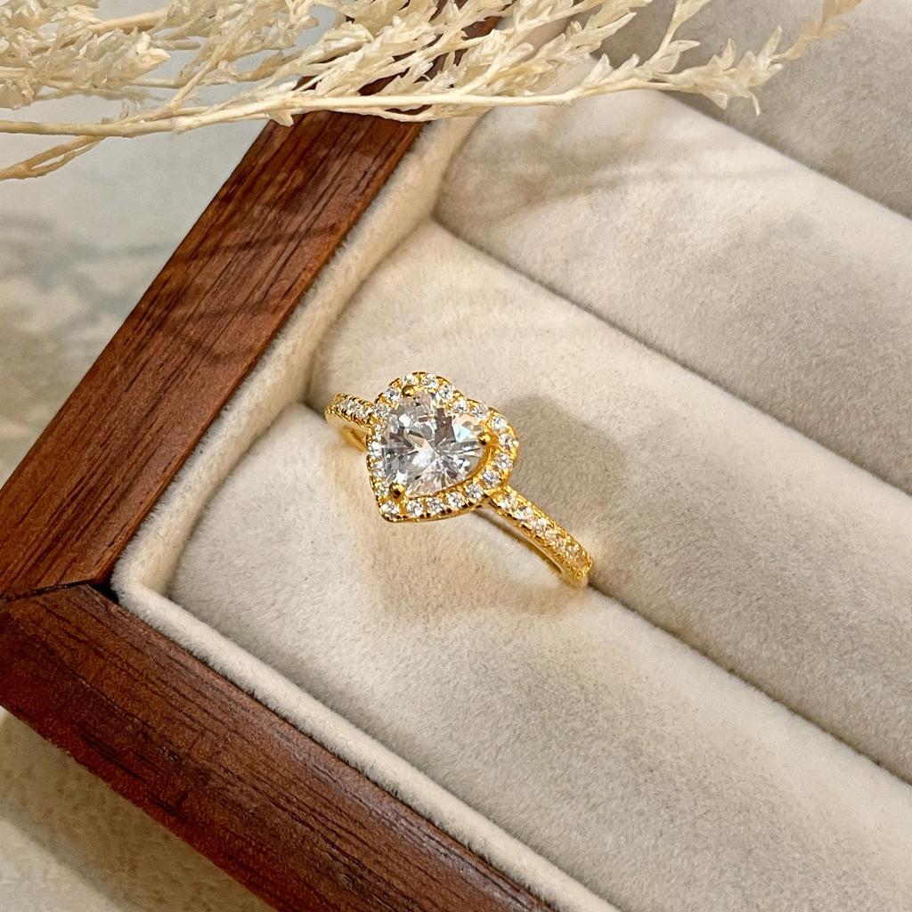 925 Sterling Silver Gold Plated Heart CZ Ring for Women, Halo Pave Cubic Zirconia Engagement Promise Ring, Dainty Jewelry Gift