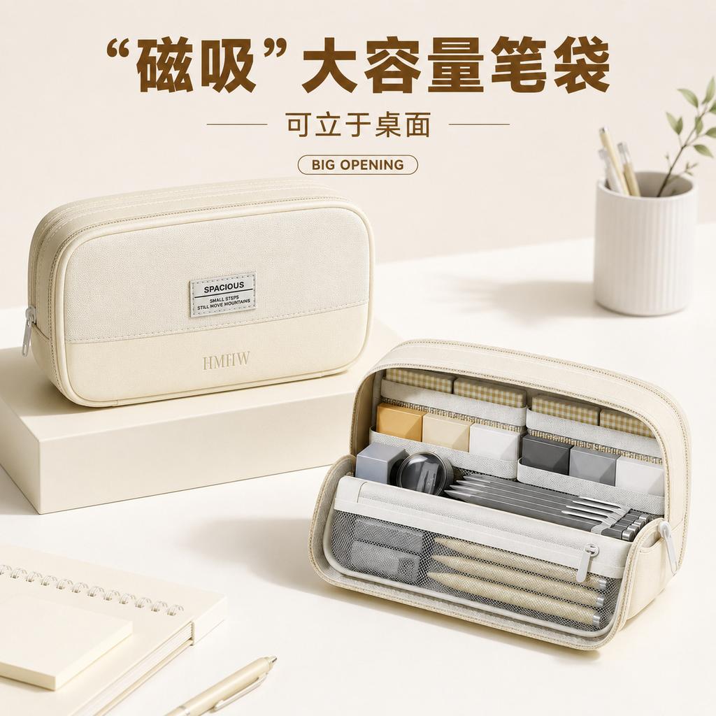 Magnetic Pencil Case Minimalist Large Capacity Stationery Bag Silent Closure High School College Students Supplies