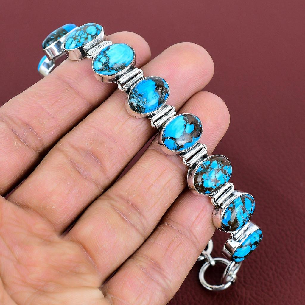 Pulseira de turquesa tibetana pulseira artesanal joias de pedra preciosa genuína pulseira de prata de lei 925 pulseira com corrente ajustável presentes de aniversário