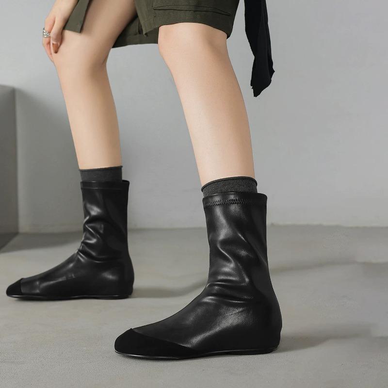 Cowhide version~ retro versatile round head inner heightening elastic boots thin boots women's autumn and winter velvet Chelsea short boots