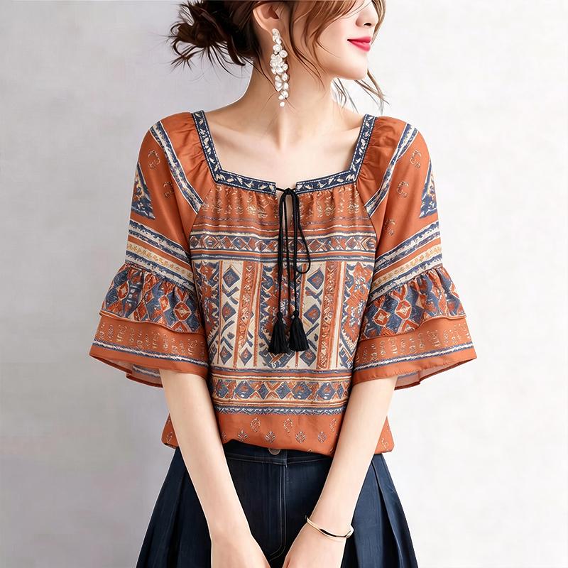 ZANZEA Women Summer Casual Square Collar Half Sleeve Loose Ethnic Print Blouse