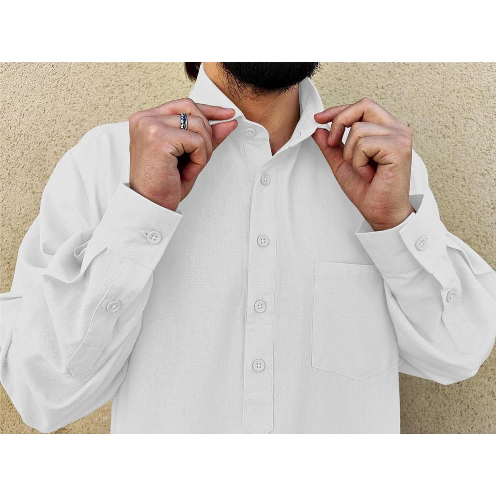 Herren einfarbig Langarm POLO-Kragen locker Leinen Muslimische Robe Kleidung Verkauf