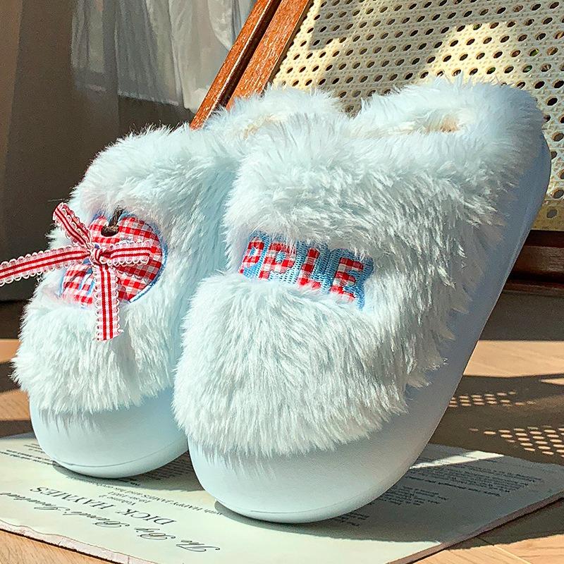 New Autumn and Winter Plush Apple Bow Cotton Slippers Piled and Thickened To Keep Warm Can Be Worn Outside Women's Cotton Mop