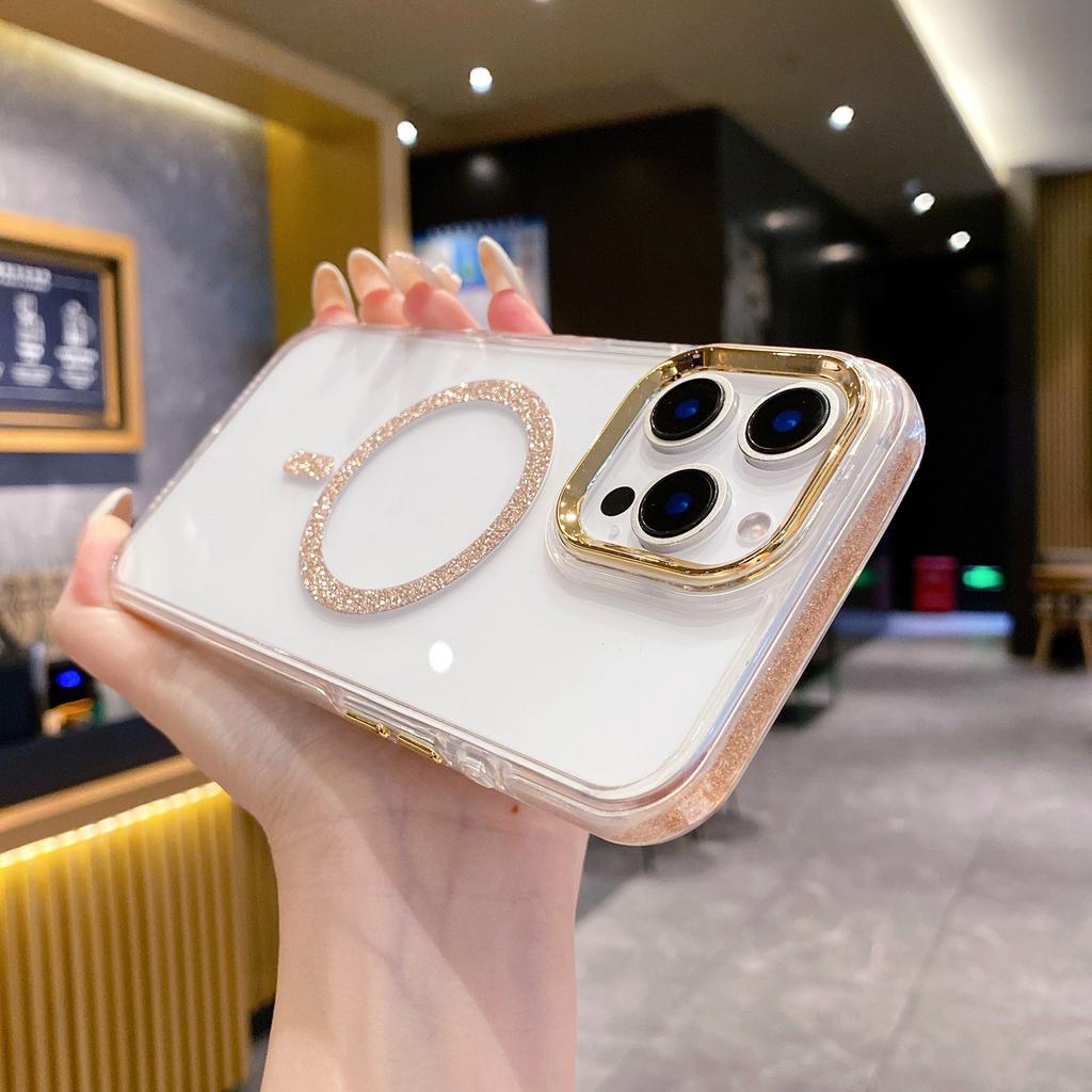 For iPhone 16 Pro Max Clear Case TPU+Acrylic Glitter Phone Cover Compatible with MagSafe