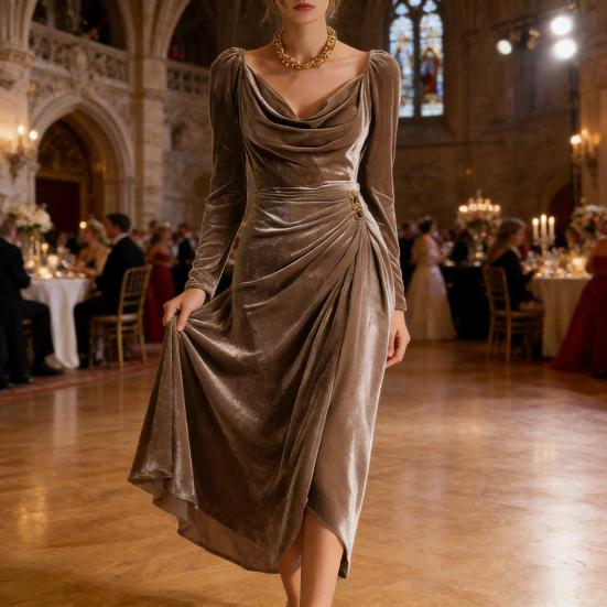 Abito da sera da donna a maniche lunghe in velluto per feste, con scollo drappeggiato, arricciato, spacco, aderente, midi, per invitati a matrimoni
