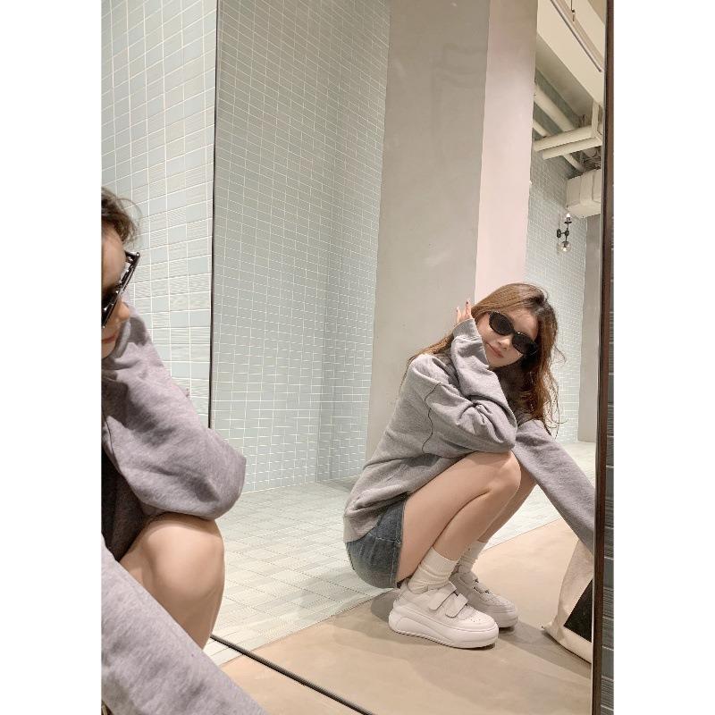 Cowhide version~ 6.5cm thick-soled smiley face Velcro heightening casual sports board shoes women's white shoes