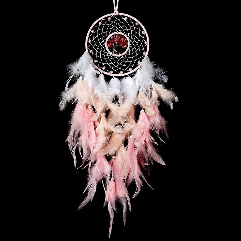 Tree of Life Dream Catcher Handmade Pink Gravel Wall Hangings Feather Craft Home Decor Wind Chimes DreamCatchers Room Decorate