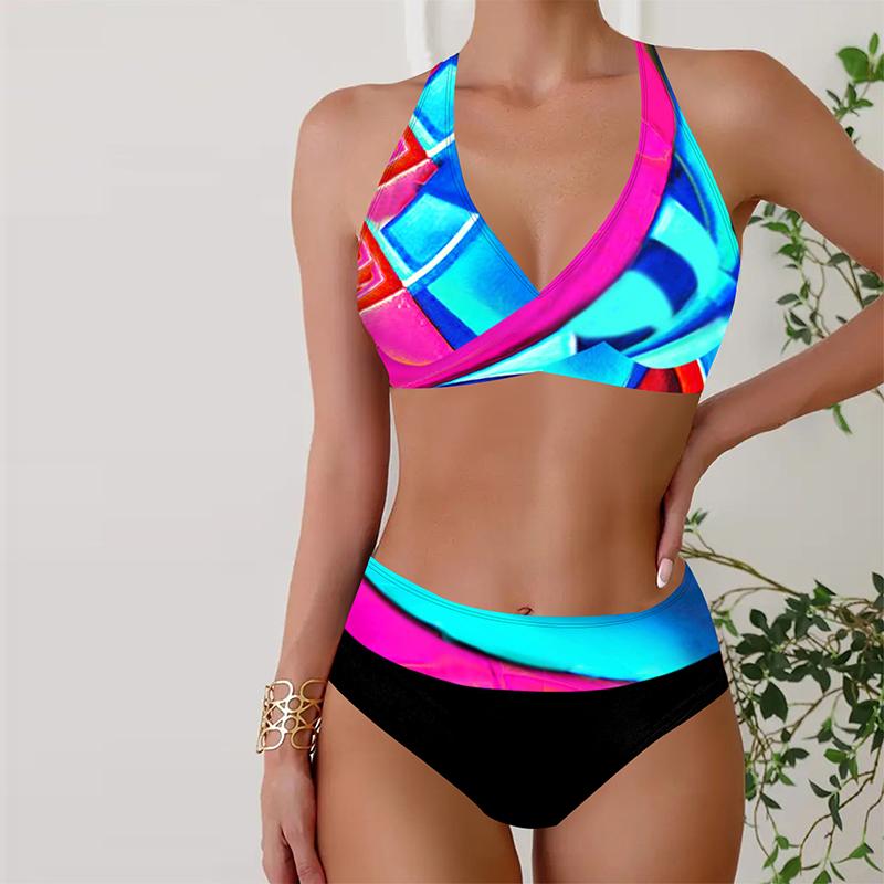 Women's Swimwear Bikini 2 Piece Swimsuit Backless Halter Beach Wear Blue Camouflage Stars Print Bathing Suits Hanging Neck Swimsuit