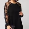 Summer Casual Lace Patchwork Dress Women Crew Neck Long Sleeve Loose A-line Midi Dress for Daily Vacation
