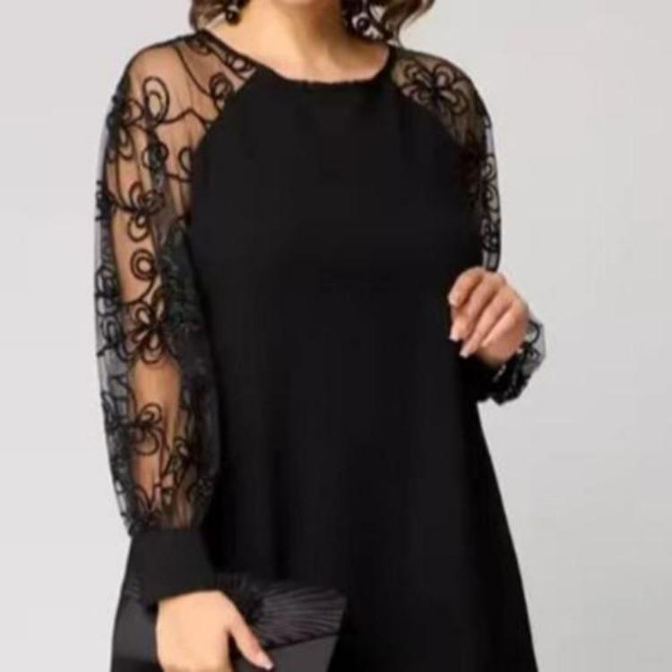 Summer Casual Lace Patchwork Dress Women Crew Neck Long Sleeve Loose A-line Midi Dress for Daily Vacation