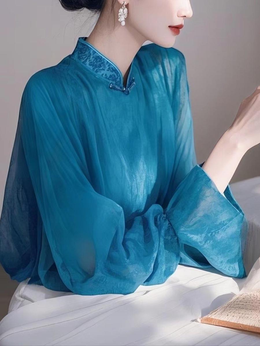 

Весна 2025 Синяя шифоновая блузка с квадратным вырезом: Элегантный и стильный L