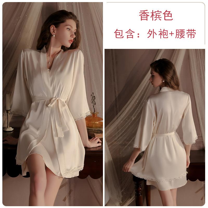 Sweet and Smooth Satin Underwear Pure Desire Sexy Plus Chest Pad Nightdress Robe Loungewear Set W
