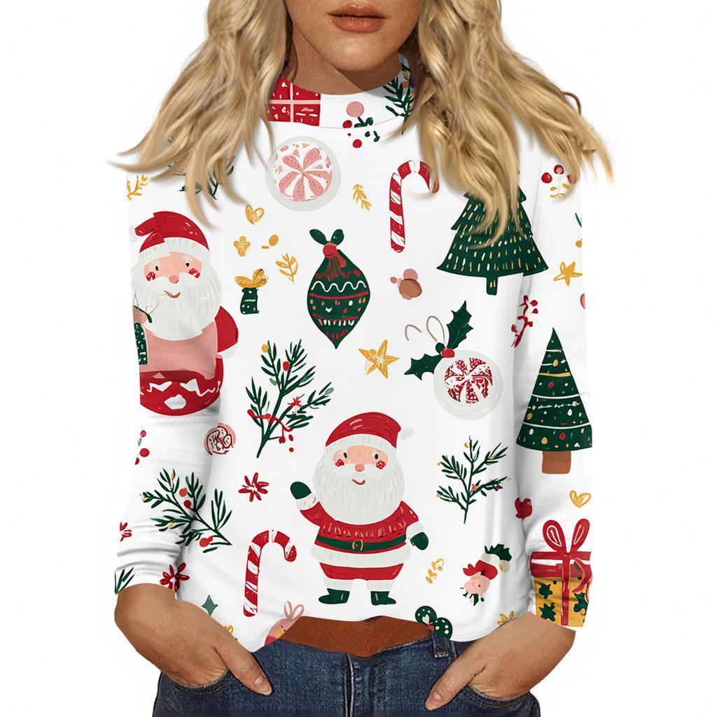 Damen Herbst Casual Langarmshirts Sweatshirt Vintage Bedrucktes High Neck Top Pullover