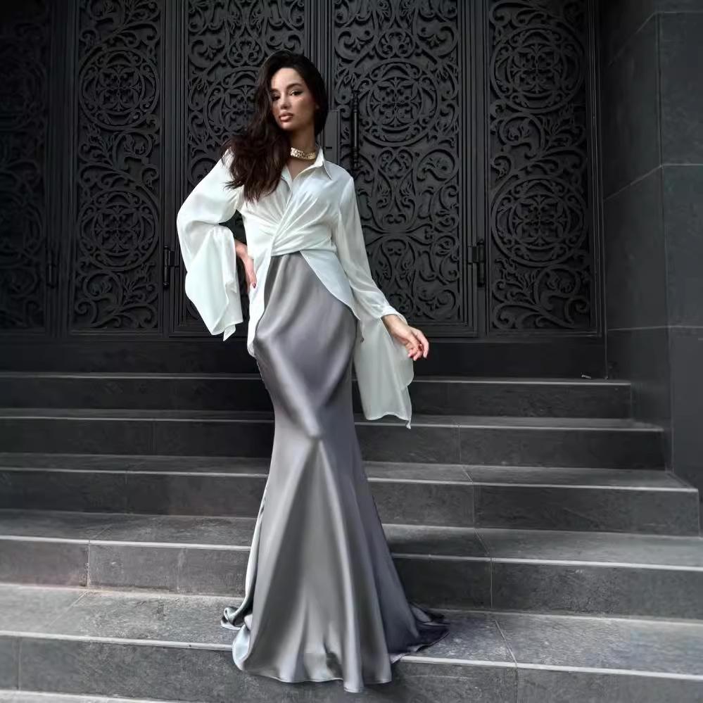 Elegant Satin Long-Sleeve Shirt & Midi Skirt Set for Women 2024