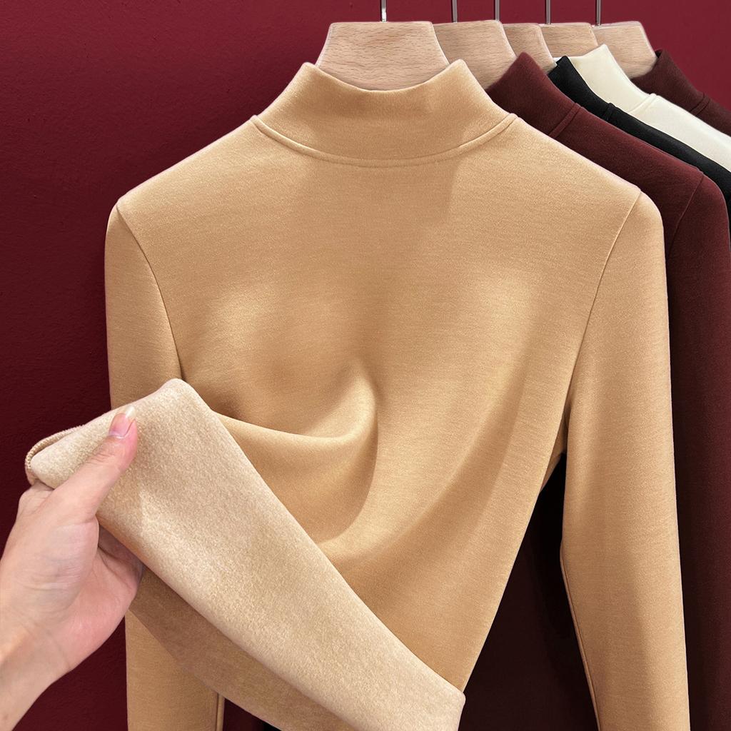 Semi-turtleneck silk thermal underwear women's top, piled and thickened inside, including wool bottoming shirt, heating autumn clothes winter