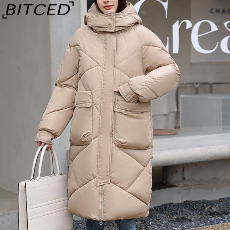 BITCED Thickened Puffer Jacket Down-Filled Cotton Coat Women's Loose-Fit Winter Coat Mid-Length Knee-Length Cotton Jacket