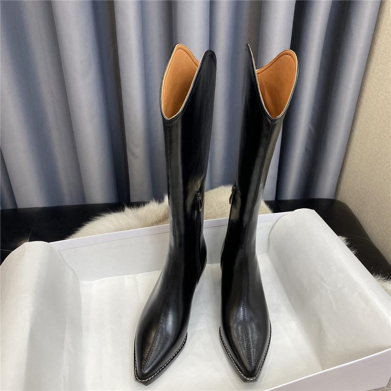 Cowhide version~ leather V-mouth western cowboy boots women's high heel pointed knight boots long boots high boots zipper long boots