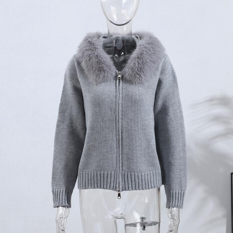 Long-sleeved Fur Collar Hooded Sweater Autumn and Winter Inner and Outer Wear Dual-purpose Ladies Solid Color Zipper Blouse Slim Knit Ladies Cardigan