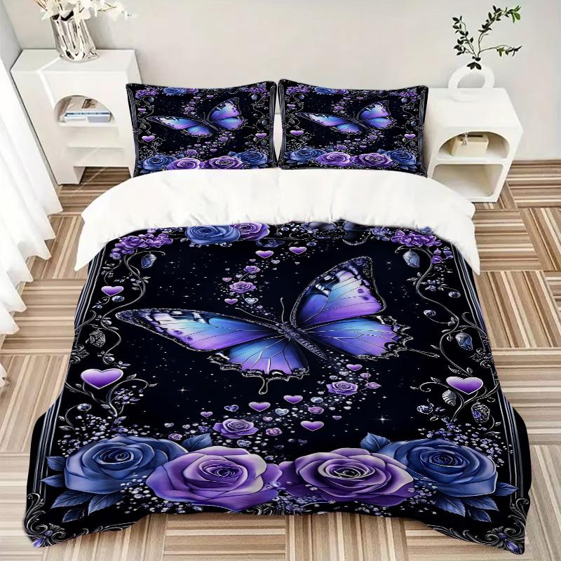 Purple Butterfly Roses Print 3Pcs Bedding Setduvet Cover With 2 Bedropillowcase Home Birthday Gift