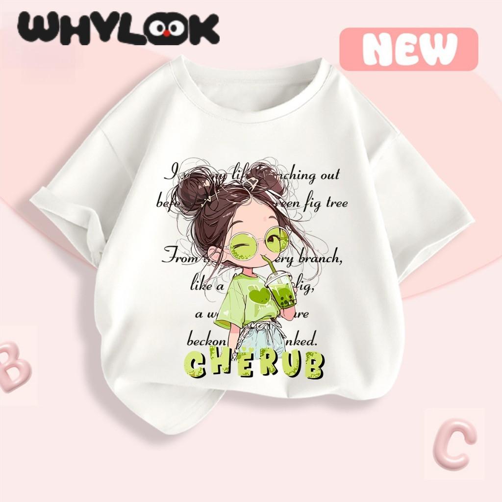 

WHYLOOK Women s Budak Girls T-shirt Short Sleeve Round Neck T-shirt Children s Cute Soft and Lightweight 140