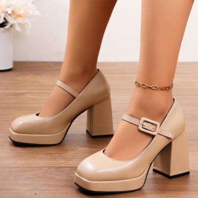 Scarpe Basse Nuove Autunnali con Tacco Spesso Donna Punta Quadrata Bocca Bassa Fibbia a Una Fascia Suola Spessa Scarpe Basse
