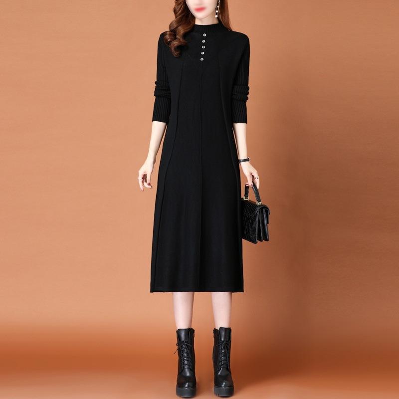 Autumn/Winter Half High Collar Knitted Dress for Women Stylish and Slim Medium To Long Knee Length Sweater Skirt
