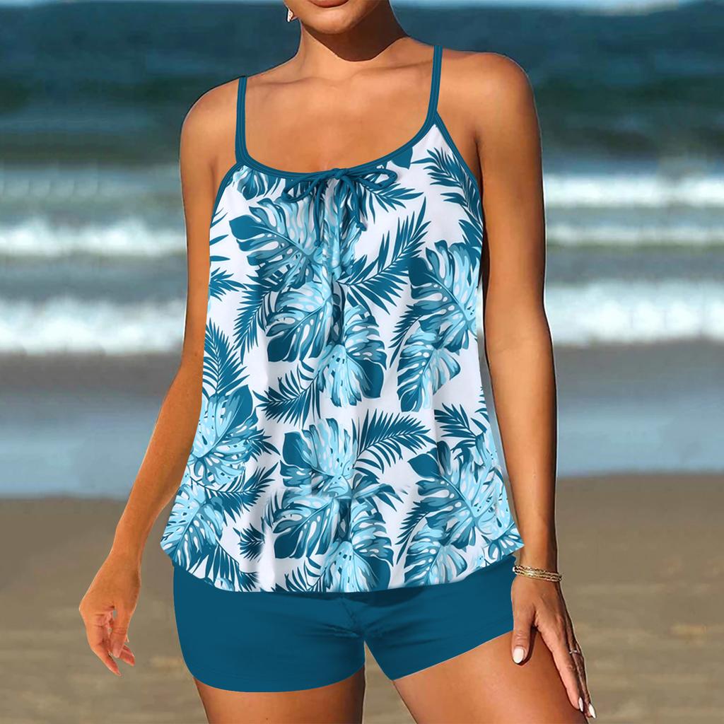 2-teiliges konservatives Tankini-Set Digitaldruck Bauchkontrolle Hohe Taille Boy Shorts Spaghettiträger Strand Badeanzug
