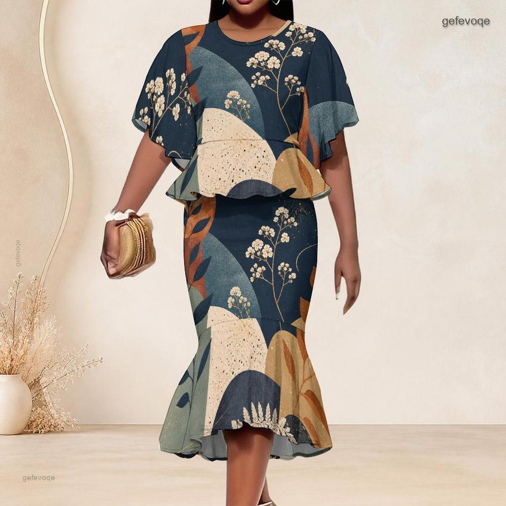 Women Plus Size Off White Blue Beige Printed Round Neck Batwing Sleeve Ruffle Hem Top Fishtail Skirt Two Piece Set