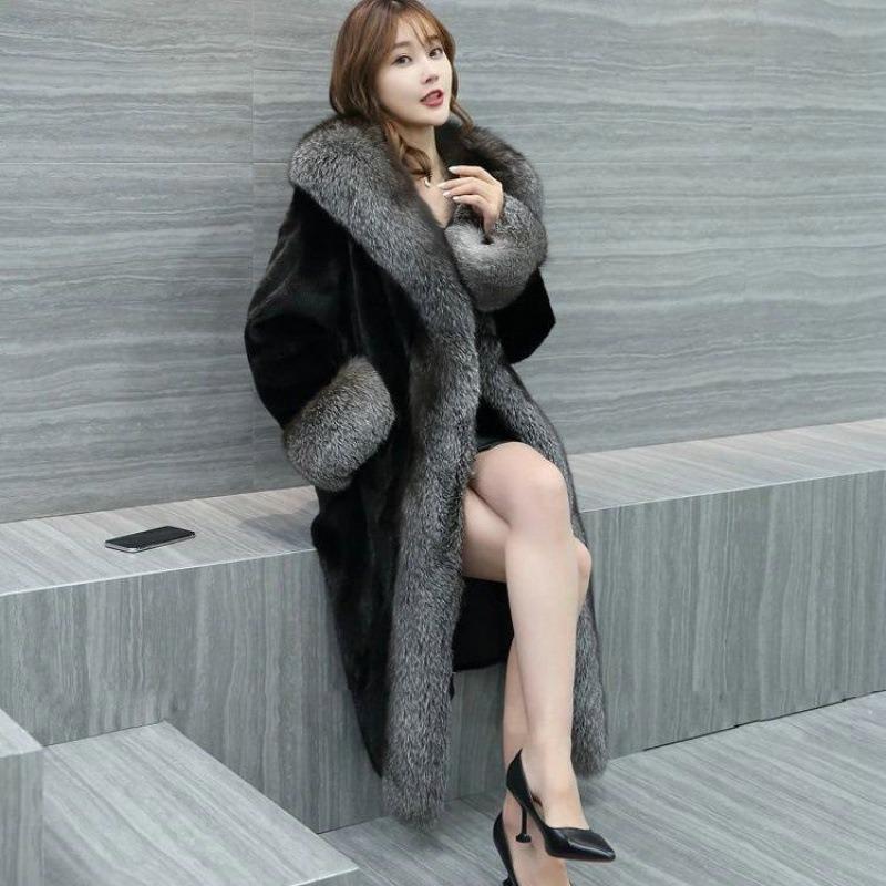 Autumn and Winter Big Fur Collar Imitation Fox Fur Coat Long Imitation Mink Coat Women's High-end Wool Cotton-padded Coat