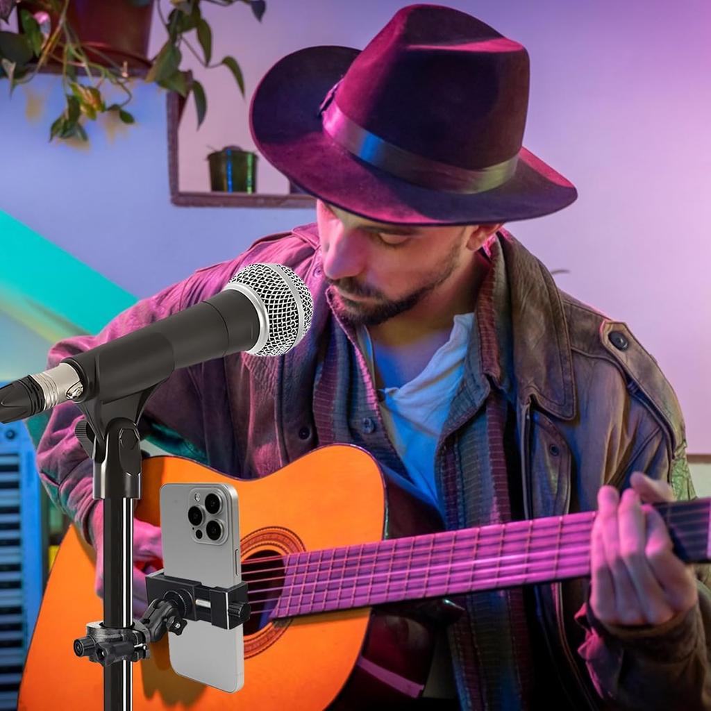 Phone Holder for Mic Stand, 360° Adjustable Smartphone Clip with Secure Lock, Fits for iPhone & Samsung Most Phones, for Music Performance,