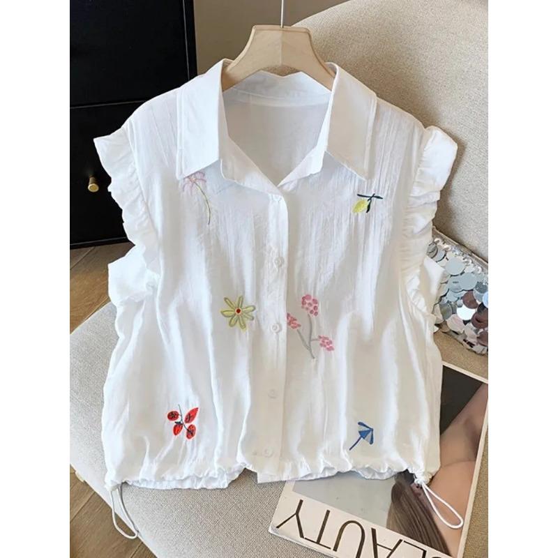 Women's Summer White Floral Embroidered Ruffle Sleeveless Shirt
