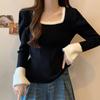 Women's Color Block Slim Fit Knitted Sweater - French Square Neck, Autumn/Winter Trendy Short Top