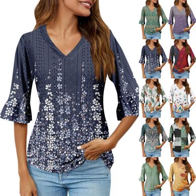 3/4 Sleeve Shirts For Women Loose Fitting Printed T-shirt V-neck Ruffle Sleeves Tops