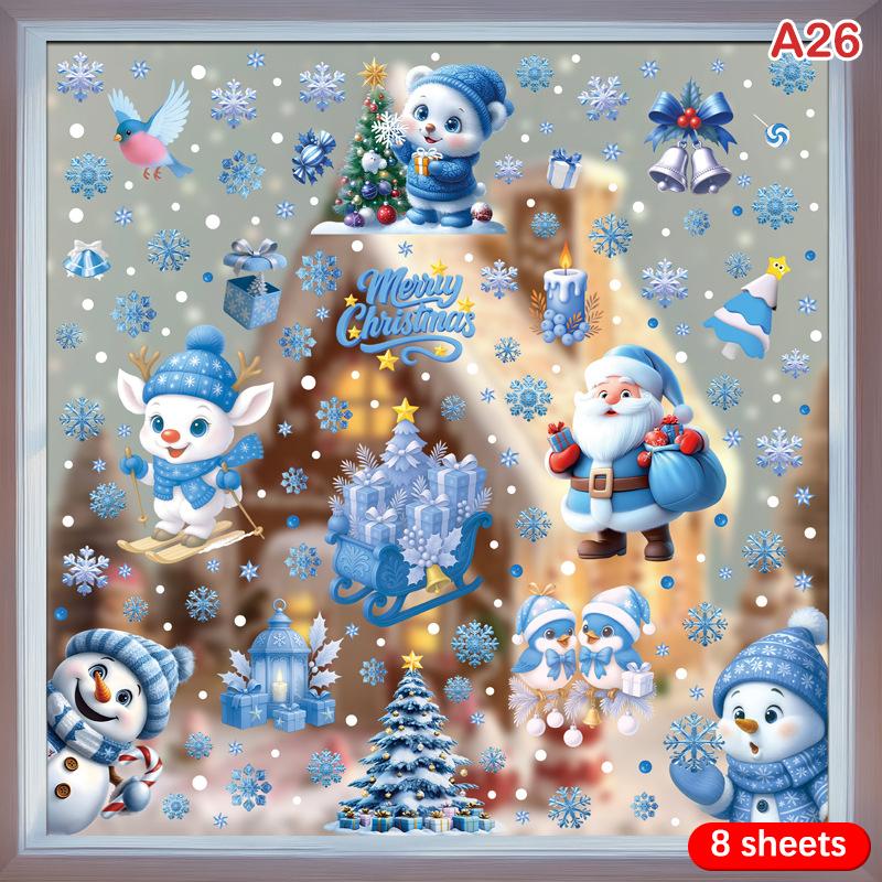 Christmas Blue Snowman Window Stickers Santa Claus Bird Snowflake Elk Ornaments Merry Christmas 2025 Happy New Year 2026