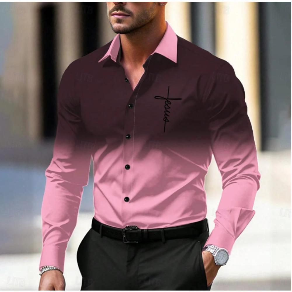 Men's Gradient Color Printed Long Sleeve Shirts Casual Cardigan New Button Holiday Fashion Shirts