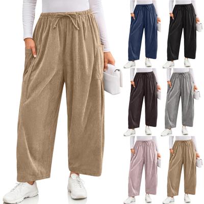 Pantalon en Velours Côtelé pour Femme Décontracté Ample Couleur Unie Jambe Large Version Large avec Poches