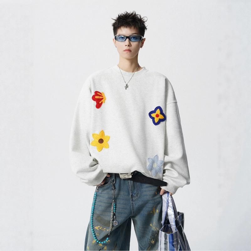 Pull épais à col rond imprimé floral marque automne et hiver ample décontracté beau voyou vêtements noirs