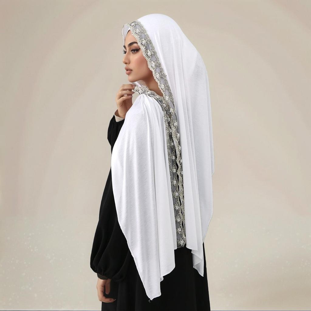 Pearls Embroidery Cotton Jersey Muslim Hijab Long Scarf Women Head Wraps Shawl Turban Eid Soild Headband Malaysia Tudung 170*60C