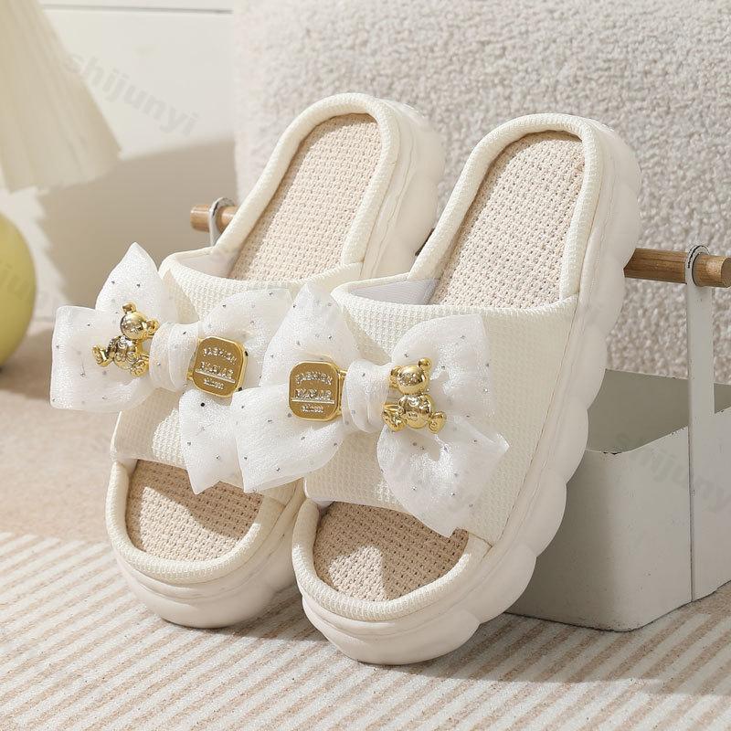 Fashion 2025 Summer Linen Women Slippers Home Slippers Comfortable Thick Sole Platform Ladies Fashion Bowknot Indoor Slipper Wholesale
