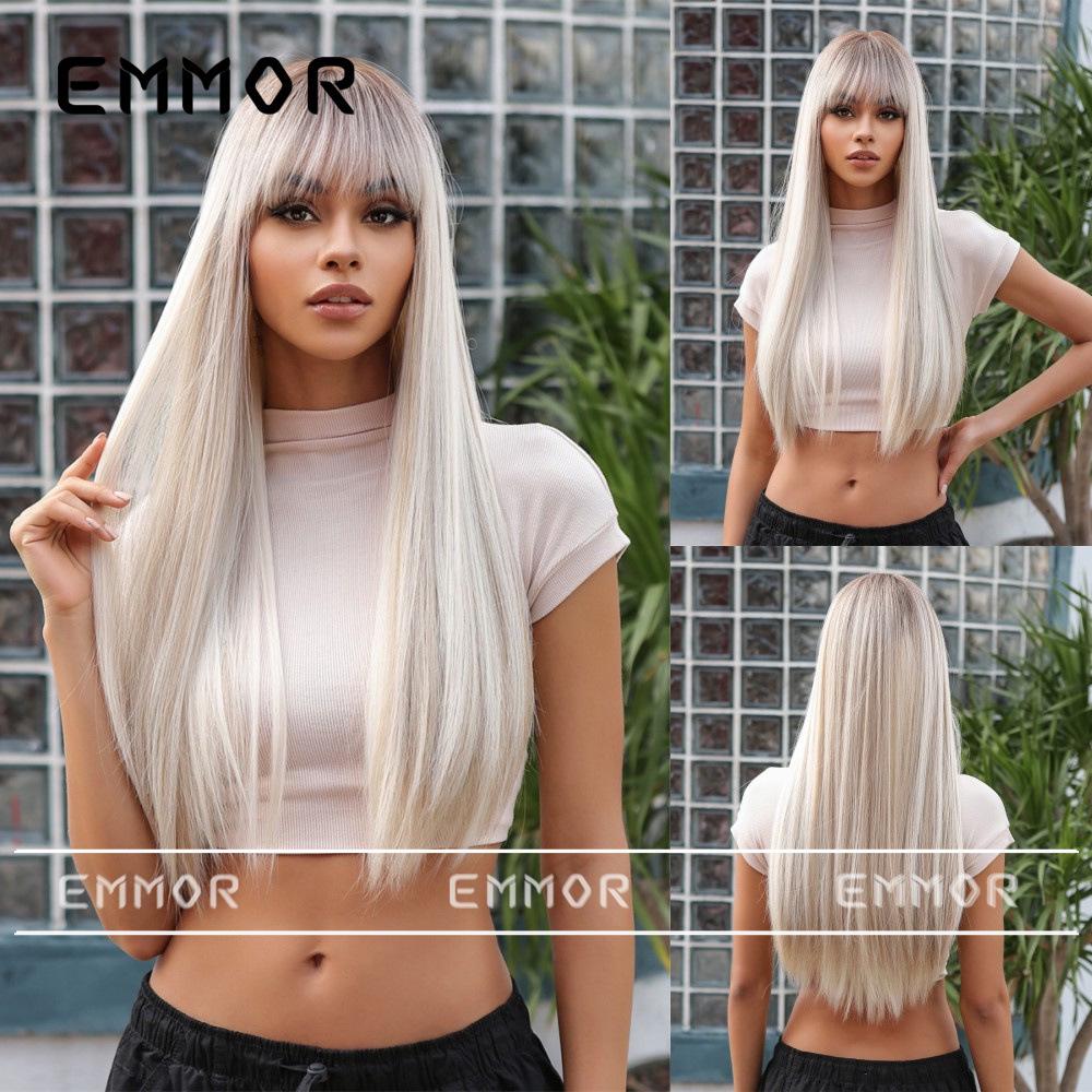 European Style Champagne Brown Long Straight Hair Wig with Bangs